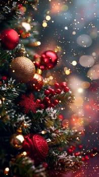 Close-up of a decorated Christmas tree with red and gold ornaments, surrounded by glowing lights and festive bokeh.