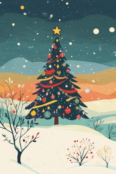 A beautifully decorated Christmas tree stands in a snowy landscape under a starry night sky, capturing the essence of a festive winter wonderland.