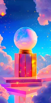 A mesmerizing surreal scene featuring a glowing crystal ball surrounded by vibrant clouds and twinkling stars.