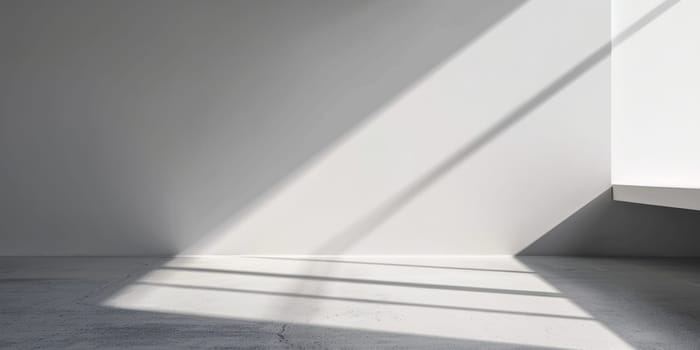 Sunlight streaming through a window creates geometric shadows on a minimalist white wall, highlighting modern interior design.