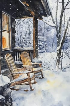 A tranquil winter scene featuring a rustic cabin porch with wooden chairs, surrounded by a snowy forest.
