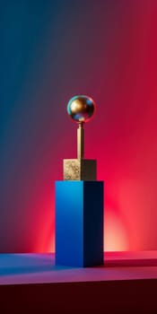 Modern abstract sculpture featuring a metallic sphere on a geometric pedestal with vibrant red and blue lighting.