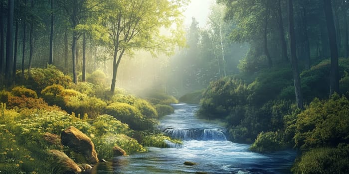 A stream of water flows through a forest. The water is clear and calm. There are trees on both sides of the stream