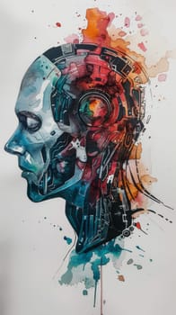 Artistic depiction of a cybernetic human head with colorful watercolor splashes and detailed mechanical elements.