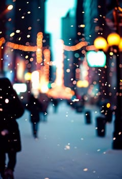 Snowstorm has coated city street in thick layer of snow, creating serene yet bustling atmosphere as cars navigate icy road in twilight. Spirit of celebration during festive season. Generative AI.