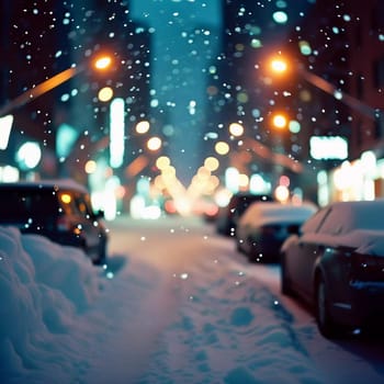 Snowstorm has coated city street in thick layer of snow, creating serene yet bustling atmosphere as cars navigate icy road in twilight. Spirit of celebration during festive season. Generative AI.