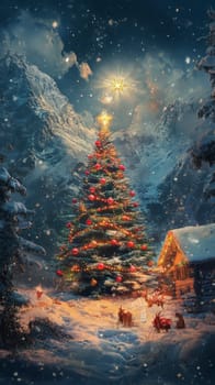 A magical winter scene featuring a decorated Christmas tree, snow-covered cabin, and majestic mountains under a starry sky.
