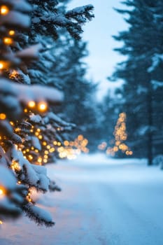A serene winter scene featuring a snow-covered forest path illuminated by festive lights on evergreen trees.