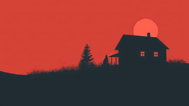 A house is on a hill with a tree in front of it. The house is small and has a porch. The sky is red and the sun is setting