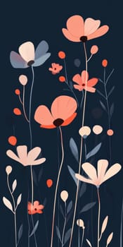 A blue and pink flower painting with a blue background. The flowers are pink and white