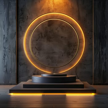 A modern art installation featuring a glowing neon circle in a dimly lit room with concrete walls and a wooden floor.