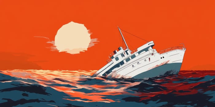 A ship is sinking in the ocean. The ship is white and is surrounded by water. The sky is orange and the sun is setting