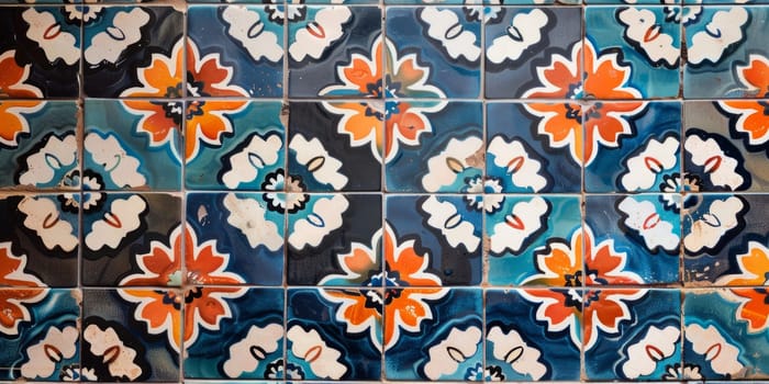 Close-up of colorful ceramic tiles featuring floral designs in blue, orange, and white, perfect for home decor and design projects.