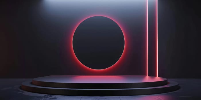 A sleek, futuristic stage with neon lights and a circular black center, ideal for tech, sci-fi, and virtual event backgrounds.