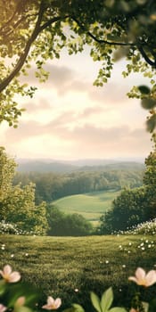 Peaceful countryside scene with vibrant green fields and trees under a warm, gentle sky.
