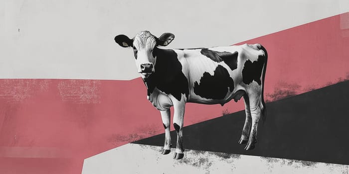 A modern art collage featuring a black and white cow against an abstract geometric background with red and black accents.