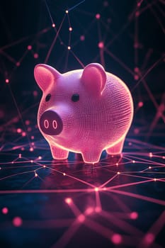 A glowing digital piggy bank with neon lights, representing modern financial technology and savings in a connected world.