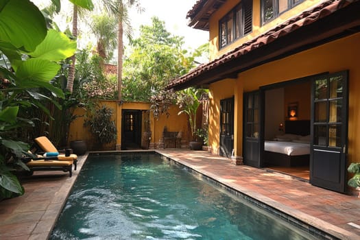 A Tranquil Patio with a Pool and a View of a Bedroom