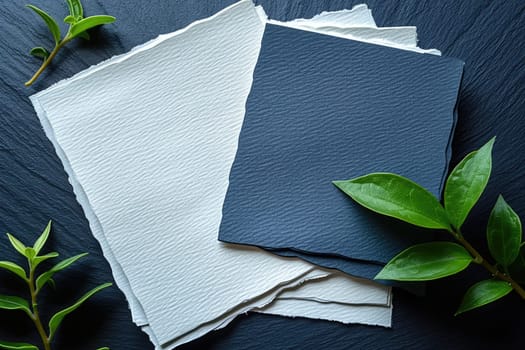 Blue and White Paper with Greenery on Black Background