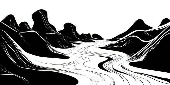 Minimalist black and white illustration of mountains and a winding river, showcasing abstract lines and shapes.