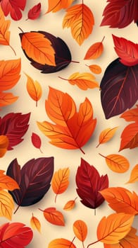 A seamless pattern of vibrant autumn leaves in red, orange, and yellow hues on a light background, perfect for seasonal designs.