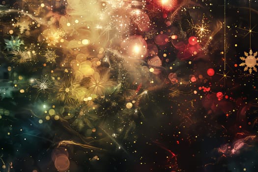 A colorful background with a lot of sparkles. There are also some snowflakes hanging from the ceiling