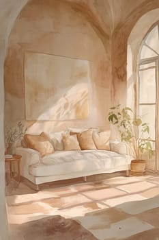 A serene living room featuring a plush sofa, soft lighting, and lush indoor plants, creating a warm and inviting atmosphere.