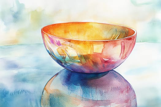 A vivid watercolor painting of a colorful bowl reflecting on a glossy surface, showcasing abstract artistry and vibrant hues.