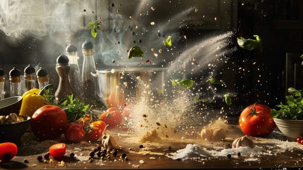 Symbolic portrayal of kitchen ingredients and culinary processes
