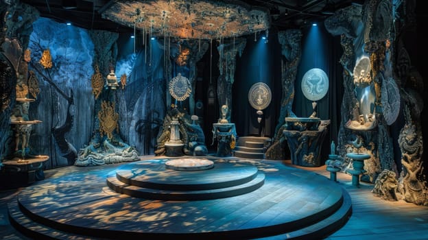 A captivating fantasy-themed interior featuring intricate decor, mystical elements, and dramatic lighting creating an enchanting atmosphere.