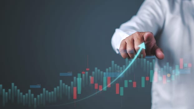 Financial graph analysis on virtual screen, Global business growth analysis and asset investment chart Business and Finance Up arrow Holographic economic chart, Stock market financial analysis graph.