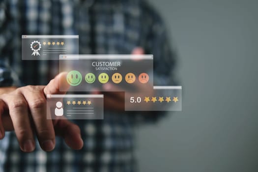 Satisfaction feedback review, Customer Satisfaction Survey concept, Service experience rating online application, Customer evaluation product service quality, Very good quality most.