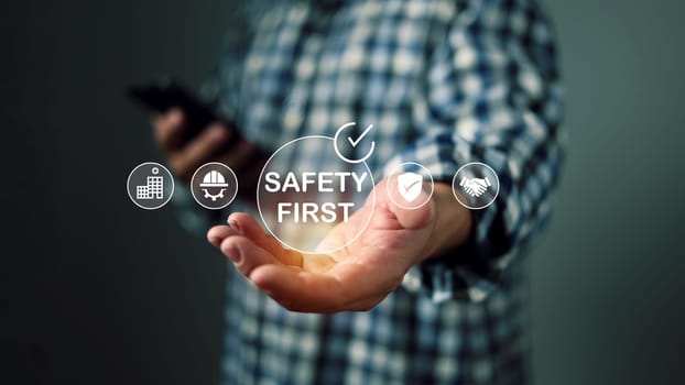 Concept safety first as a priority in professional environments, Safety first and work safety concept. Work safety concept, Safety first, Regulations and group insurance, Working standard process.