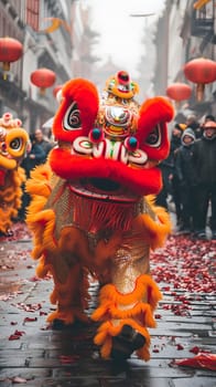 A dazzling lion dance performance captured during Chinese New Year celebrations. The vibrant costume and energetic movements fill the city streets.