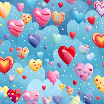 Many colorful heart-shaped balloons float happily against a bright blue sky. A joyful and romantic image perfect for Valentine's Day.