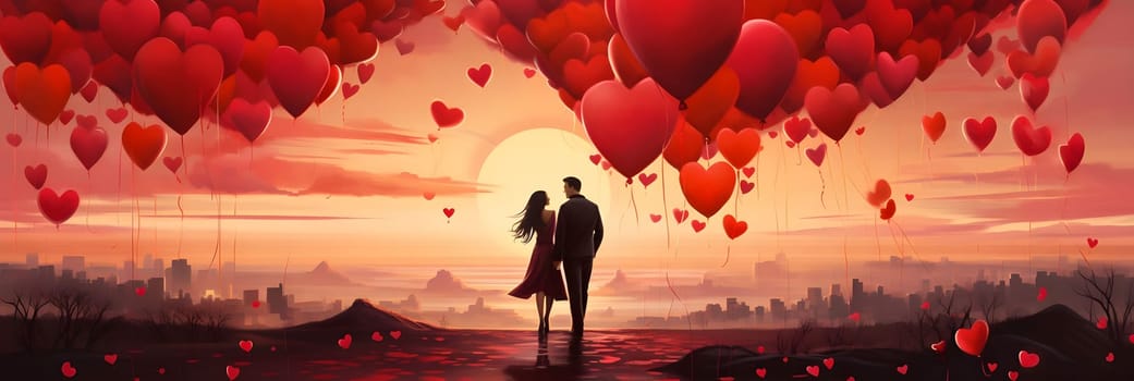 A couple stands hand-in-hand, silhouetted against a breathtaking sunset filled with heart-shaped balloons. A magical, romantic scene.