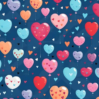 A delightful pattern of various colored heart-shaped balloons against a dark blue background.