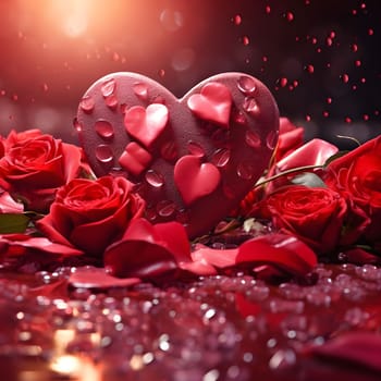 A stunning heart-shaped confection surrounded by lush red roses and scattered petals. Perfect for Valentine's Day.