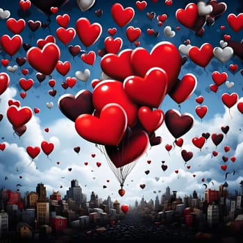 Heart-shaped balloons float over a city, a stunning Valentine's Day scene.
