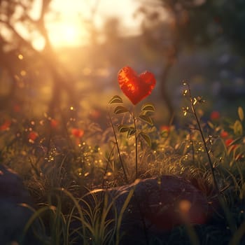 A heart-shaped flower blossoms in a sunlit meadow at sunset. The scene evokes feelings of love and serenity.