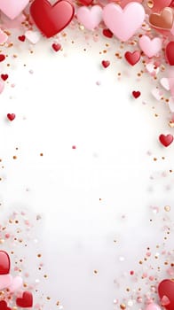 A romantic Valentine's Day background featuring pink and red hearts and gold confetti.