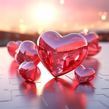 Glass hearts reflecting a sunset, symbolizing love and romance.