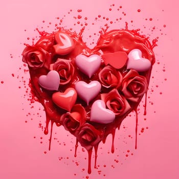 A heart-shaped liquid paint drips, adorned with roses and small hearts, creating a romantic and passionate image perfect for Valentine's Day.