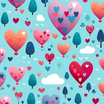 A whimsical illustration featuring heart-shaped hot air balloons floating among clouds and trees. A delightful and romantic scene.