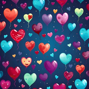 Heart-shaped balloons in various colors float on a dark background, creating a cheerful and romantic atmosphere.