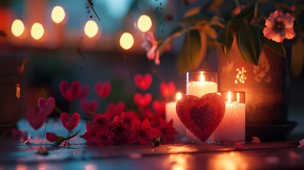 A romantic Valentine's Day scene with lit candles, red hearts, and flowers. The warm glow creates a serene atmosphere.