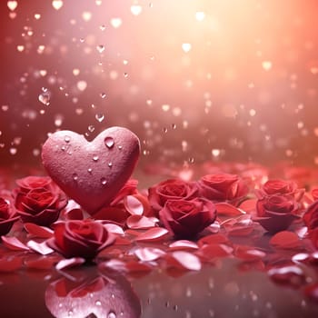 A pink heart sits amidst red roses and petals, water droplets adorn the heart, creating a romantic Valentine's Day scene.