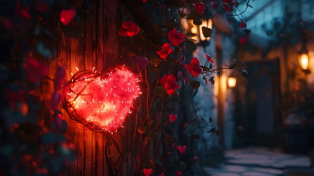 A glowing heart-shaped light decorates a wooden wall, surrounded by red roses at night. Romantic and enchanting.
