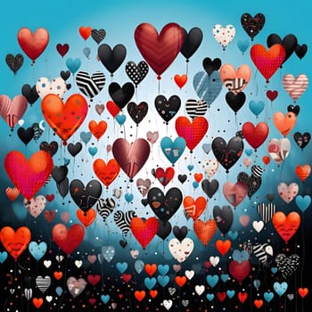 Hundreds of colorful heart-shaped balloons fill a bright blue sky. A joyous celebration of love and affection.