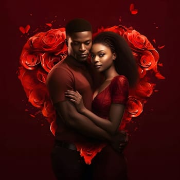 A romantic couple embraces amidst a heart-shaped arrangement of red roses, symbolizing love and passion.